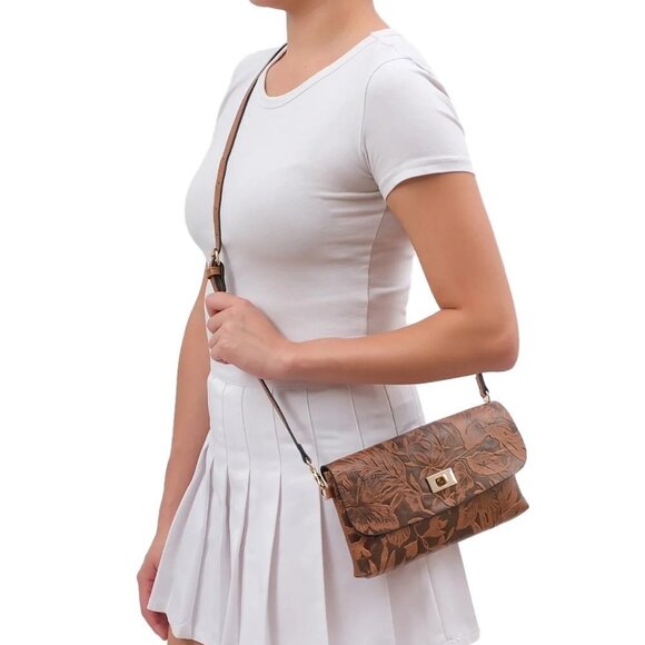 Mellow World Sarita Cognac 3D embossed Floral Crossbody Bag - Picture 3 of 5